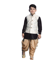 Boys' Black, Beige And Rose Gold Jacket, Kurta and Dhoti Set