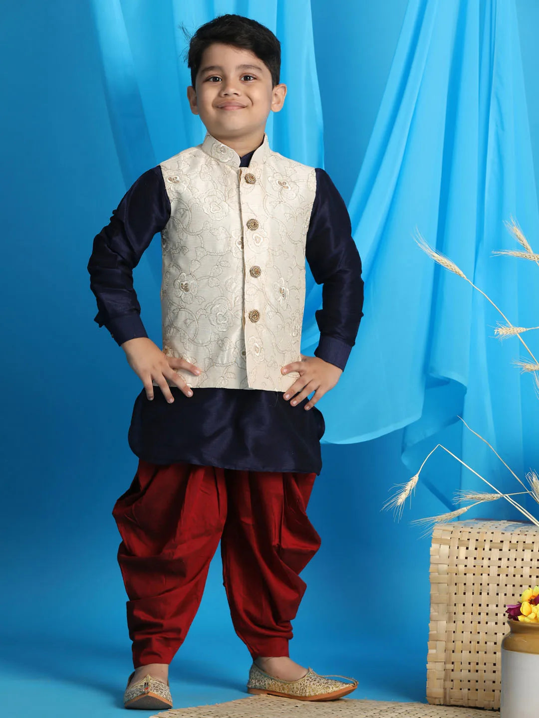 Boys' Blue, Beige And Maroon Jacket, Kurta and Dhoti Set