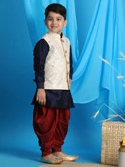 Boys' Blue, Beige And Maroon Jacket, Kurta and Dhoti Set