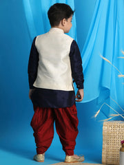 Boys' Blue, Beige And Maroon Jacket, Kurta and Dhoti Set