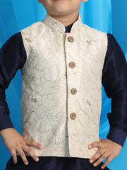 Boys' Blue, Beige And Maroon Jacket, Kurta and Dhoti Set