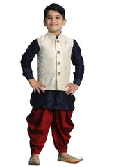 Boys' Blue, Beige And Maroon Jacket, Kurta and Dhoti Set