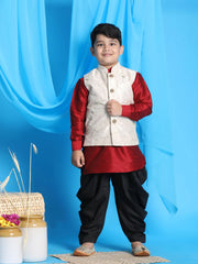 Boys' Maroon, Beige And Black Jacket, Kurta and Dhoti Set