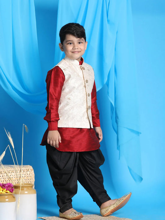 Boys' Maroon, Beige And Black Jacket, Kurta and Dhoti Set