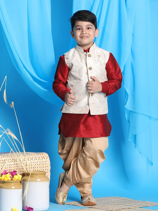 Boys' Maroon, Beige And Rose Gold Jacket, Kurta and Dhoti Set