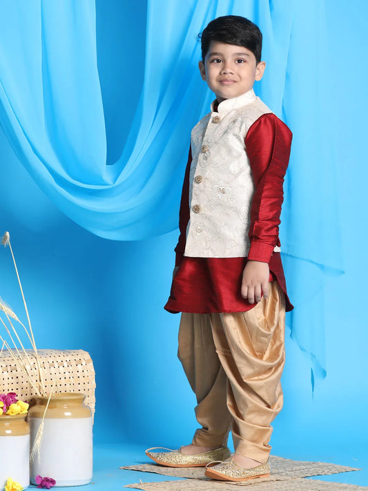 Boys' Maroon, Beige And Rose Gold Jacket, Kurta and Dhoti Set