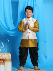 Boys' Mustard, Beige And Black Jacket, Kurta and Dhoti Set