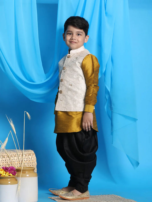 Boys' Mustard, Beige And Black Jacket, Kurta and Dhoti Set