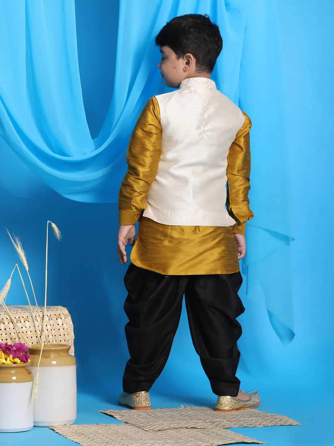 Boys' Mustard, Beige And Black Jacket, Kurta and Dhoti Set