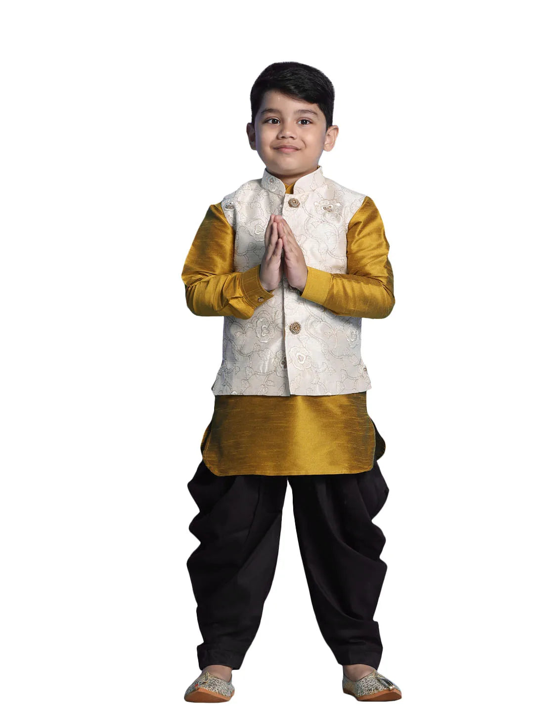 Boys' Mustard, Beige And Black Jacket, Kurta and Dhoti Set