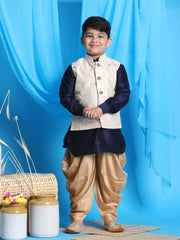 Boys' Navy Blue, Beige And Rose Gold Jacket, Kurta and Dhoti Set