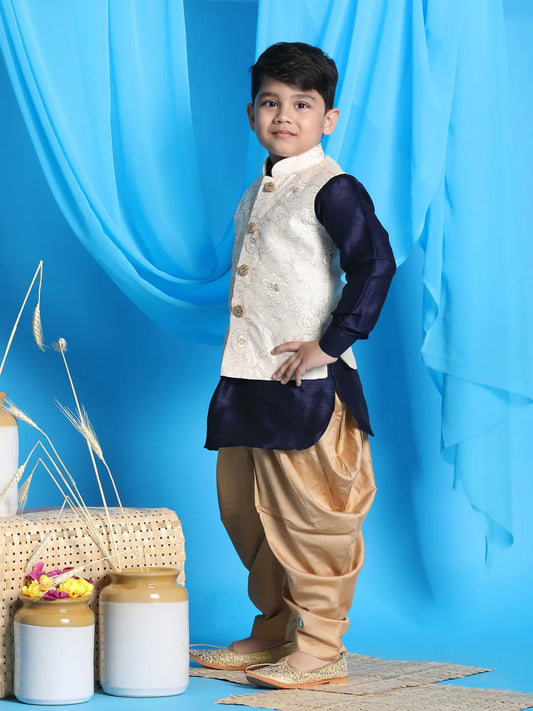 Boys' Navy Blue, Beige And Rose Gold Jacket, Kurta and Dhoti Set