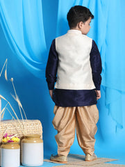 Boys' Navy Blue, Beige And Rose Gold Jacket, Kurta and Dhoti Set