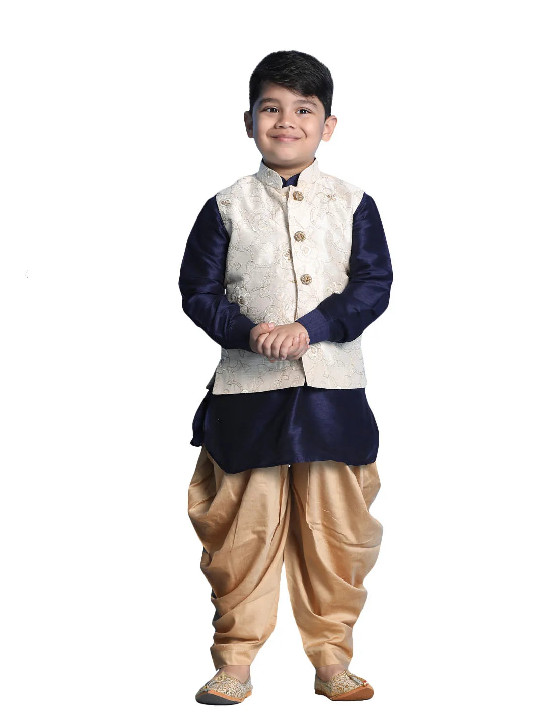 Boys' Navy Blue, Beige And Rose Gold Jacket, Kurta and Dhoti Set