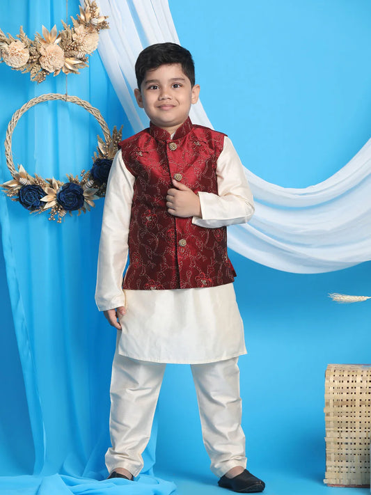 Boys' Maroon And Cream Jacket, Kurta and Pyjama Set