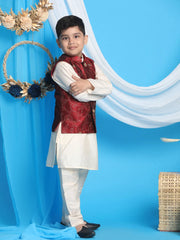 Boys' Maroon And Cream Jacket, Kurta and Pyjama Set