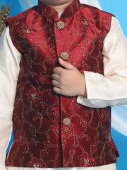 Boys' Maroon And Cream Jacket, Kurta and Pyjama Set