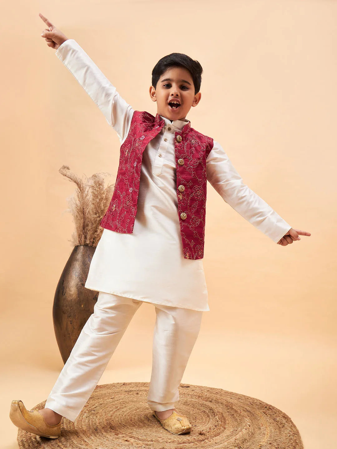 Boys' Maroon And Cream Jacket, Kurta and Pyjama Set