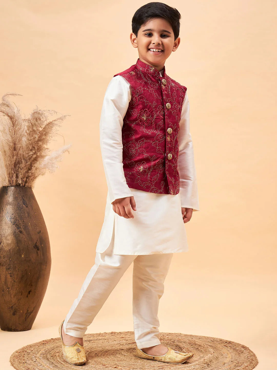 Boys' Maroon And Cream Jacket, Kurta and Pyjama Set