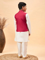 Boys' Maroon And Cream Jacket, Kurta and Pyjama Set