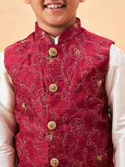 Boys' Maroon And Cream Jacket, Kurta and Pyjama Set