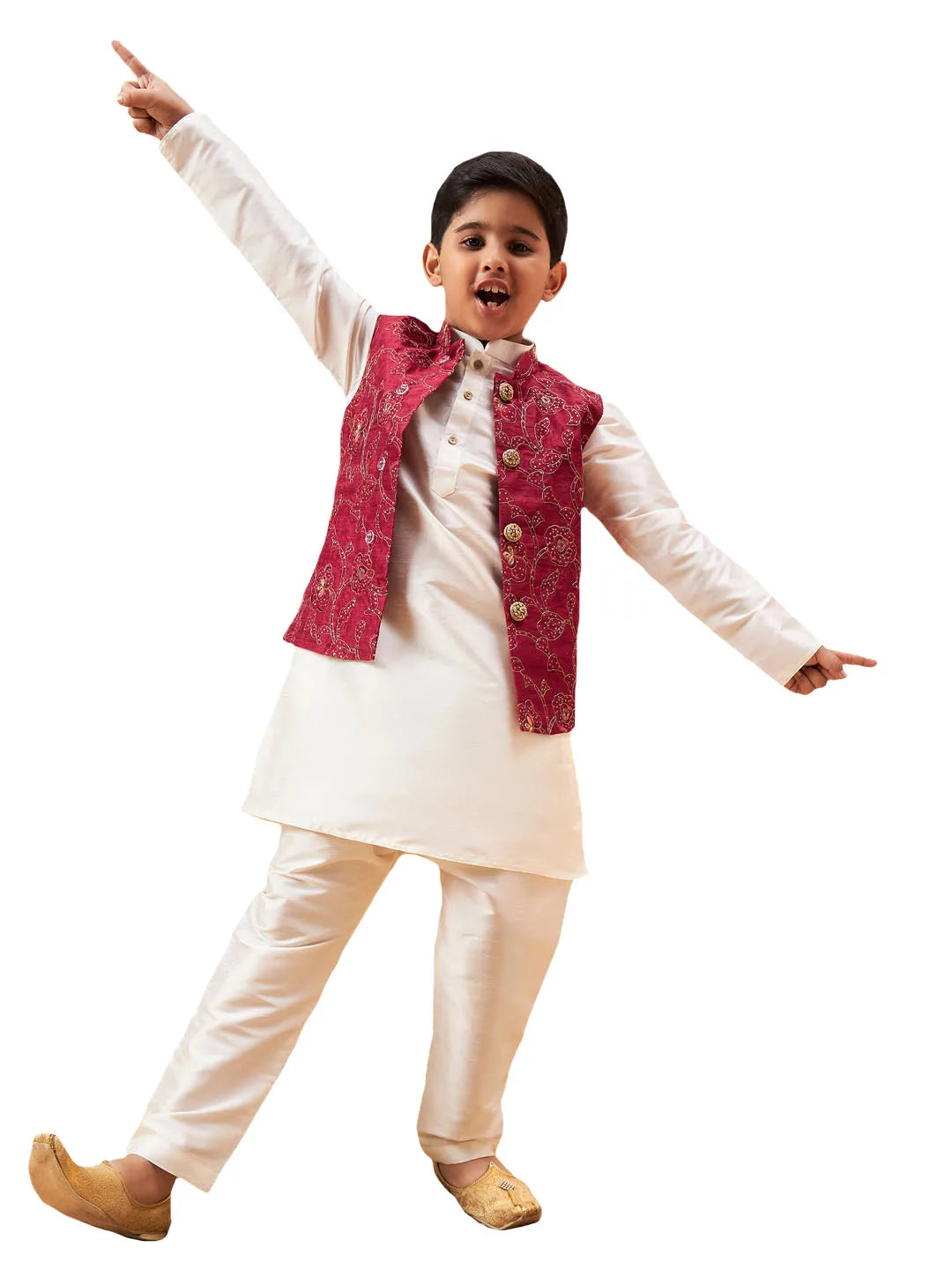 Boys' Maroon And Cream Jacket, Kurta and Pyjama Set