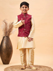 Boys' Maroon And Gold Jacket, Kurta and Pyjama Set