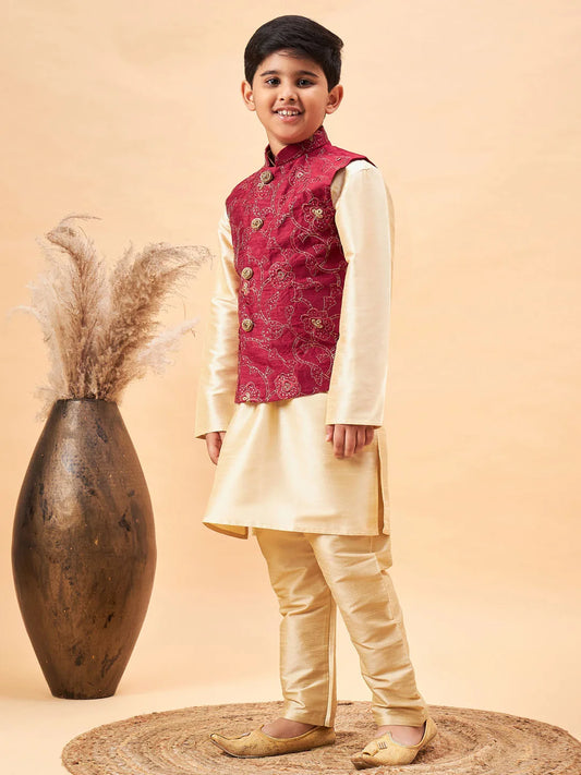 Boys' Maroon And Gold Jacket, Kurta and Pyjama Set