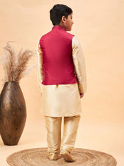 Boys' Maroon And Gold Jacket, Kurta and Pyjama Set