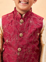 Boys' Maroon And Gold Jacket, Kurta and Pyjama Set