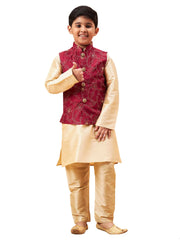 Boys' Maroon And Gold Jacket, Kurta and Pyjama Set