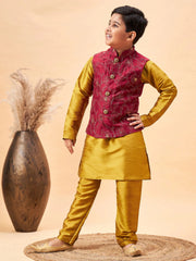 Boys' Maroon And Mustard Jacket, Kurta and Pyjama Set