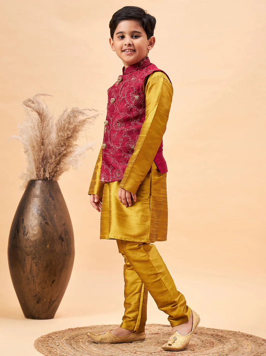 Boys' Maroon And Mustard Jacket, Kurta and Pyjama Set