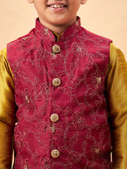 Boys' Maroon And Mustard Jacket, Kurta and Pyjama Set