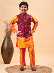 Boys' Maroon And Orange Jacket, Kurta and Pyjama Set