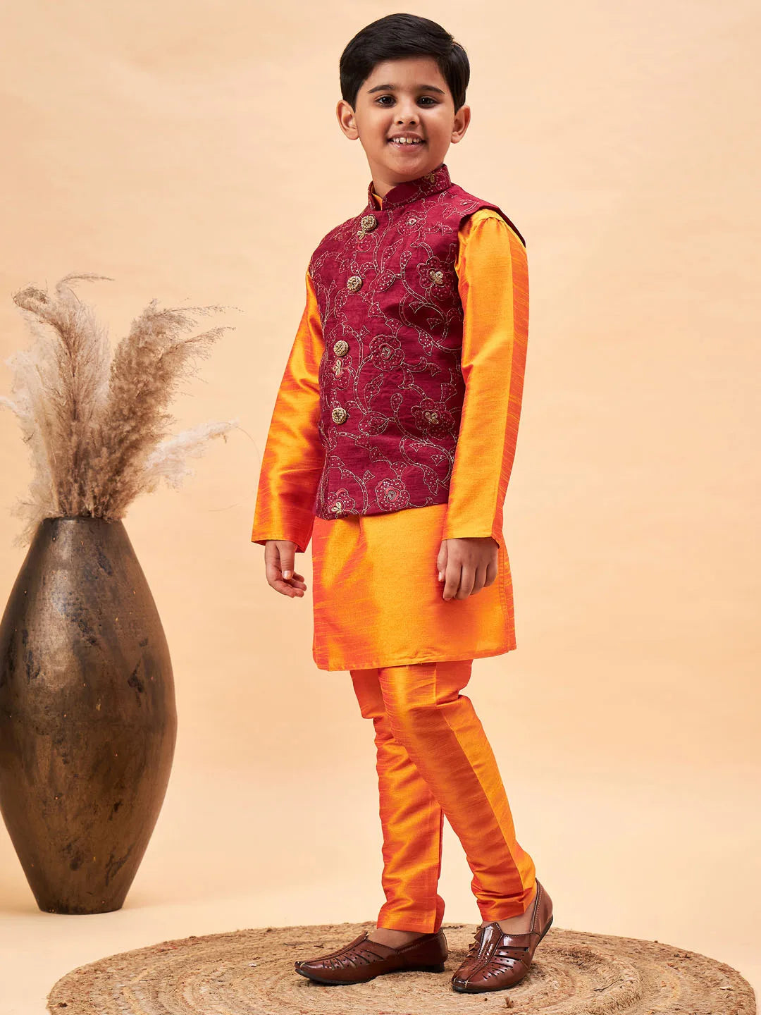 Boys' Maroon And Orange Jacket, Kurta and Pyjama Set