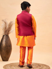 Boys' Maroon And Orange Jacket, Kurta and Pyjama Set