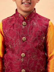 Boys' Maroon And Orange Jacket, Kurta and Pyjama Set