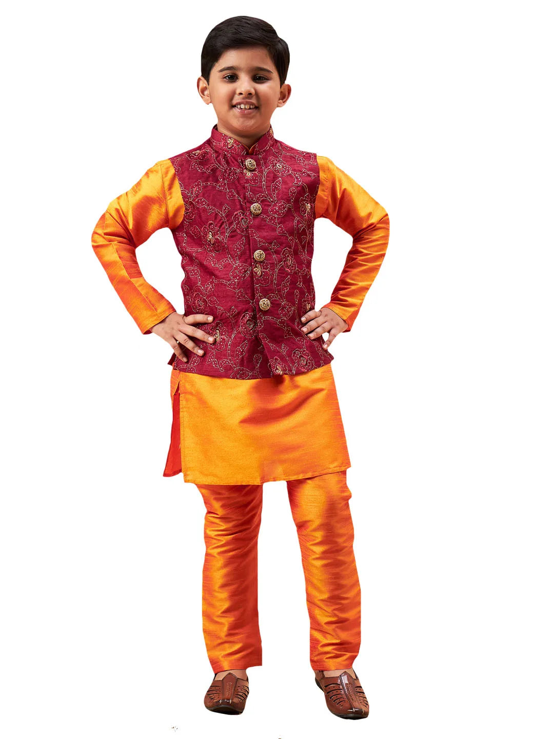 Boys' Maroon And Orange Jacket, Kurta and Pyjama Set