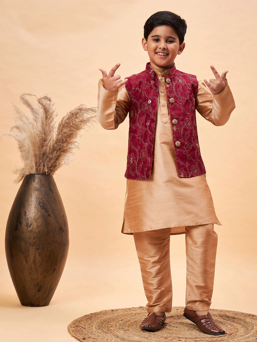 Boys' Maroon And Rose Gold Jacket, Kurta and Pyjama Set