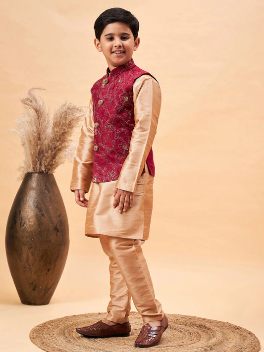 Boys' Maroon And Rose Gold Jacket, Kurta and Pyjama Set