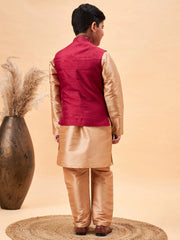 Boys' Maroon And Rose Gold Jacket, Kurta and Pyjama Set