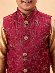 Boys' Maroon And Rose Gold Jacket, Kurta and Pyjama Set