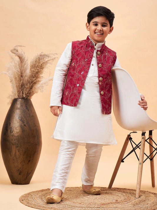 Boys' Maroon And White Jacket, Kurta and Pyjama Set