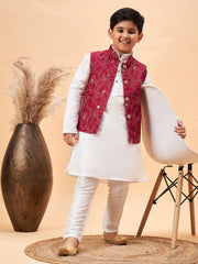 Vastramay - Boys' Maroon And White Jacket, Kurta and Pyjama Set