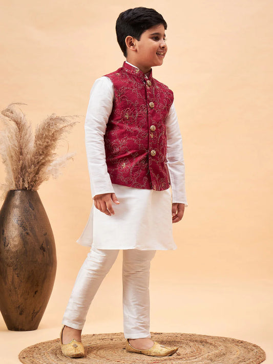 Boys' Maroon And White Jacket, Kurta and Pyjama Set