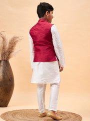 Vastramay - Boys' Maroon And White Jacket, Kurta and Pyjama Set