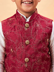 Vastramay - Boys' Maroon And White Jacket, Kurta and Pyjama Set