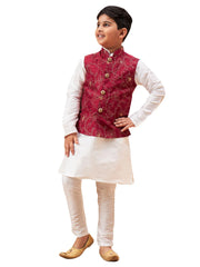 Vastramay - Boys' Maroon And White Jacket, Kurta and Pyjama Set