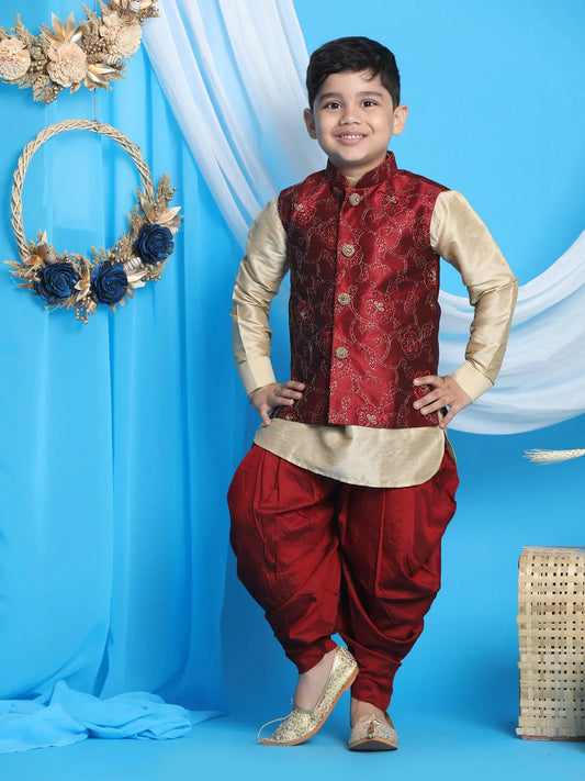 Boys' Maroon And Gold Jacket, Kurta and Dhoti Set